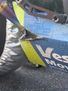 Bart took this photo of the GSXR 600 lower to show how much lean angle he was getting. Actually, the lower drooped and dragged on the race track to get that scrape but we will let Bart think he was scraping his lower.