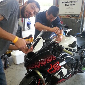 Brian & Max hard at work getting the new ZX6R ready for race tech inspection Saturday morning.
