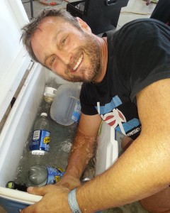 Bart working the swollen joints with Vitamin 'I' and ice water between races