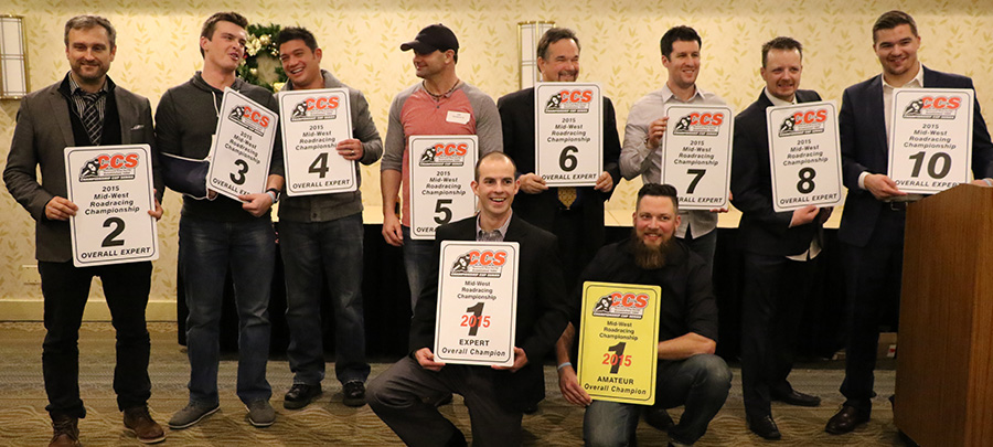 The CCS Racing series winners from Midwest 2015 From Left to Right: Bart Brejcha, Carl Soltisz, Dan Ortega, Jeff Holmgren Jr, Dave Gygax Holding Tom Girard's #6, Kevin Van Engen, Jason Farrell, Shannon Anderson. Bottom row left to right: Drew Jankord, Mark Rhoades
