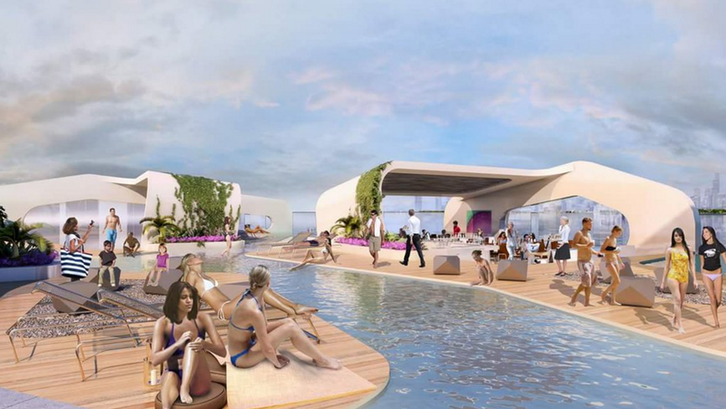 The floating vessel would feature swimming pools, outdoor decks, stores and bars. Image via Breakwater Chicago