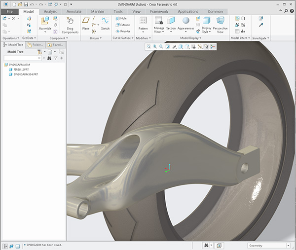 Creo Freestyle surfaces make up the motorcycle swingarm 