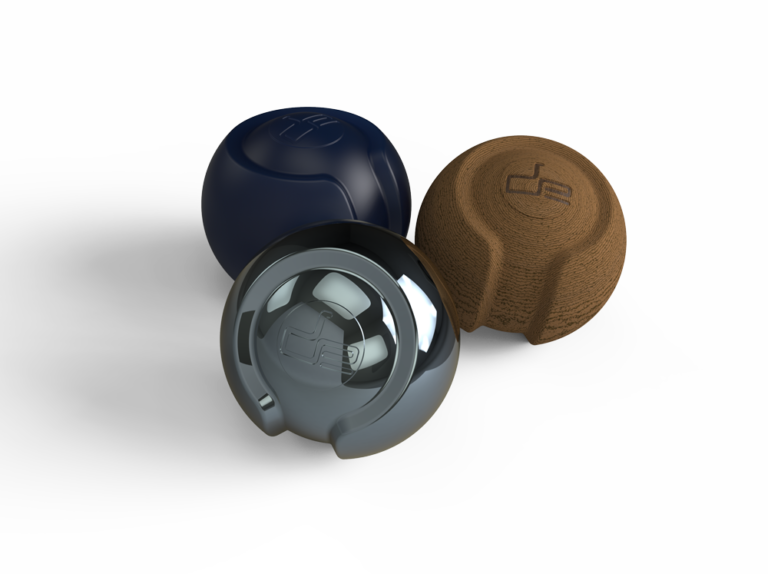 Images of balls rendered in Keyshot with the Design Engine logo