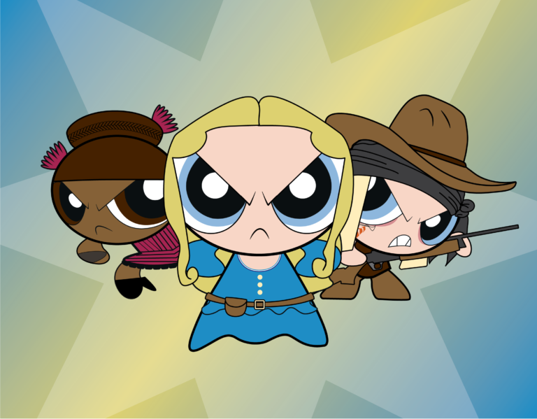 An image of the Power Puff Girls dressed as Westworld characters by Liz Wisdom