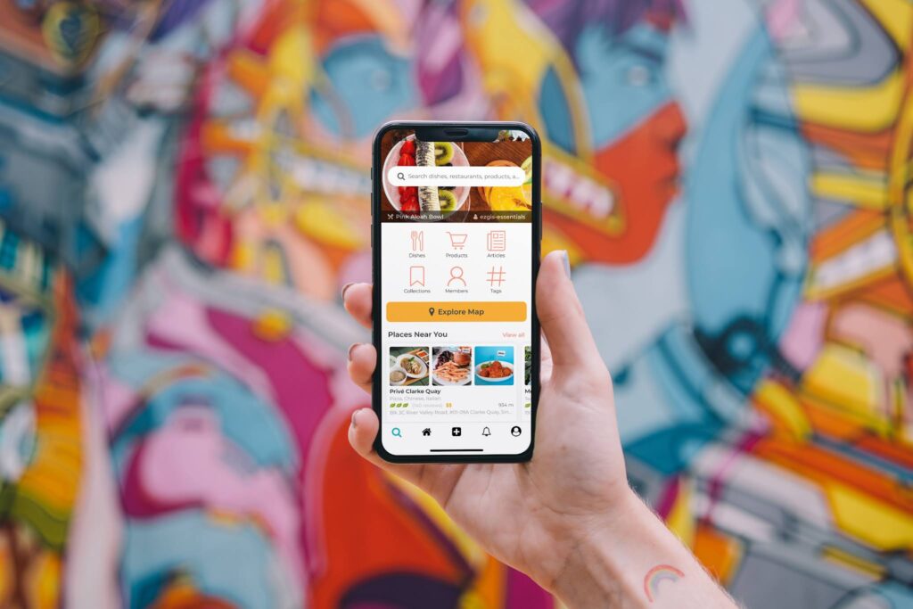 A picture of a food service app against a colorful background