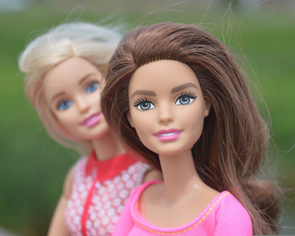 A picture of two Barbies, one is brunette and one is blonde. Image by Erika Wittlieb from Pixabay