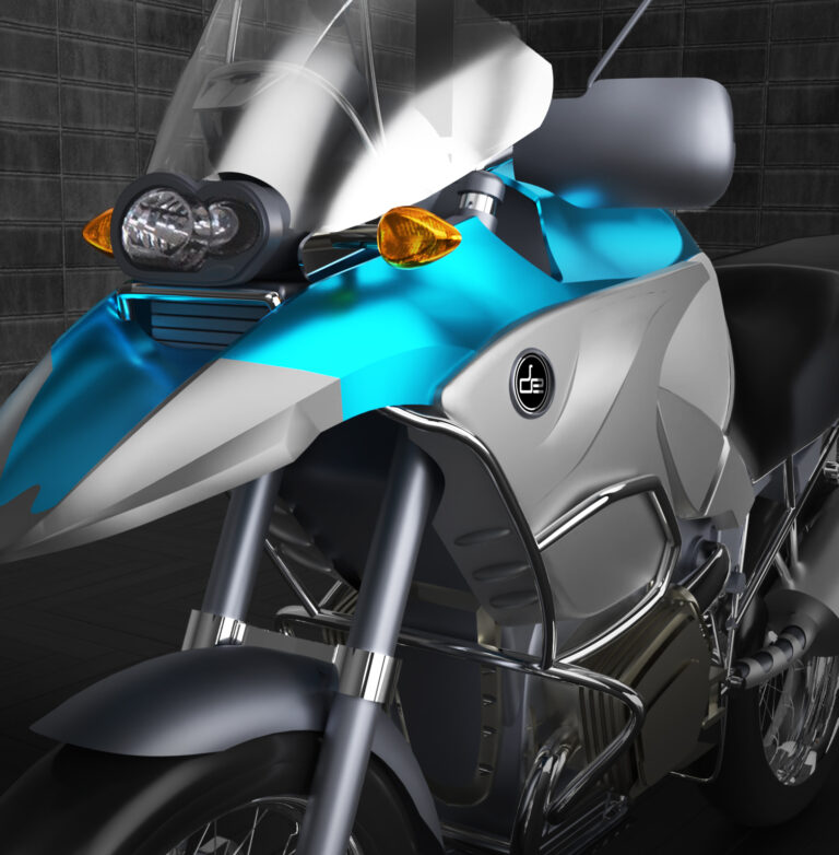 A motorcycle with the Design Engine logo rendered in Keyshot